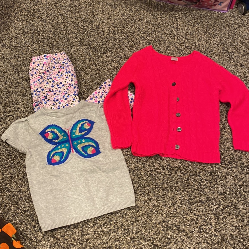 Jean like pants with butterfly sweater short sleeve shirt with cardigan.
